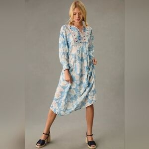 Anik Batik Anthropologie Peony Embroidered Floral Maxi Dress in S